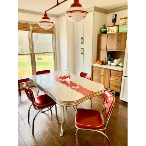 Primary Schoolhouse 2-Light Chandelier, 400-Barn Red, Large Opaque Glass, Triple Painted Band, 400-Barn Red | Photo Courtesy of Jennifer Holiday from Brave Maggie Designs (@bravemaggiedesigns)