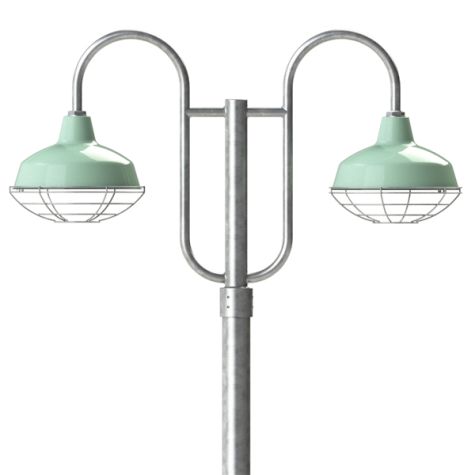 14" Avalon LED, 311-Jadite, Wire Cage, 975-Galvanized, Double Decorative Post Mount, 975-Galvanized, Smooth Direct Burial Pole, 975-Galvanized