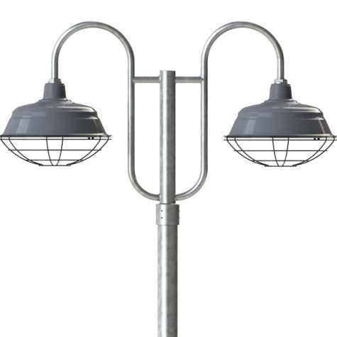 17" Bomber LED, 810-Graphite, Wire Cage, Double Decorative Post Mount, 975-Galvanized, Smooth Direct Burial Pole, 975-Galvanized
