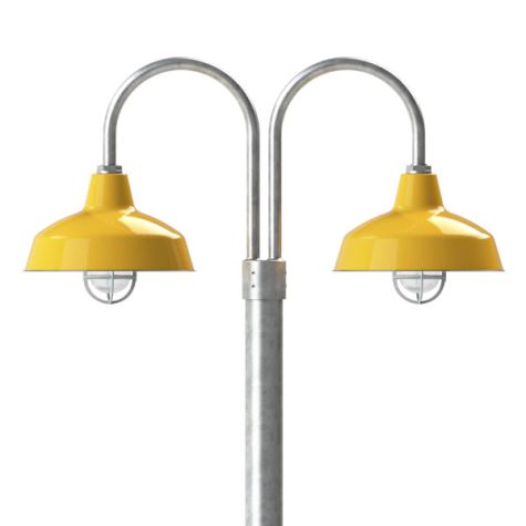 14" Avalon LED, 500-Buttery Yellow, Double Post Mount, 975-Galvanized, Smooth Direct Burial Pole, 975-Galvanized, CGG-Standard Cast Guard, 975-Galvanized