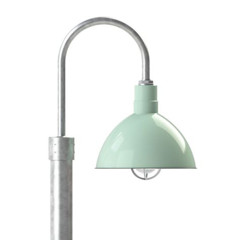 14" Wilcox LED, 355-Porcelain Jadite, Single Post Mount, 975-Galvanized, Smooth Direct Burial Pole, 975-Galvanized, CGG-Standard Cast Guard, 975-Galvanized, CCR-Clear Crackle Glass