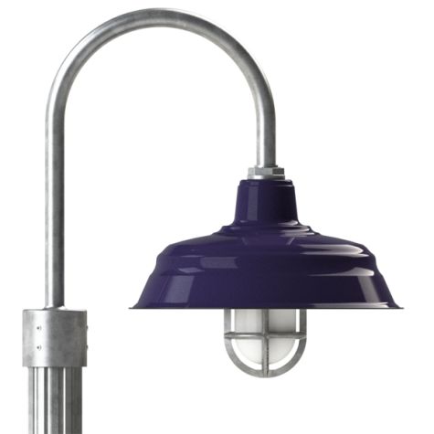 15" Bomber LED, 710-Cobalt Blue, Single Post Mount, 975-Galvanized, Fluted Direct Burial Pole, 975-Galvanized, TGG-Heavy Duty Cast Guard, FST-Frosted Glass