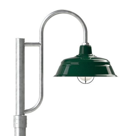 17" Bomber LED, 300-Dark Green, Single Decorative Post Mount Optio, 975-Galvanized, Smooth Direct Burial Pole, 975-Galvanized, WGG-Wire Guard, 975-Galvanized, CCR-Clear Crackle Glass