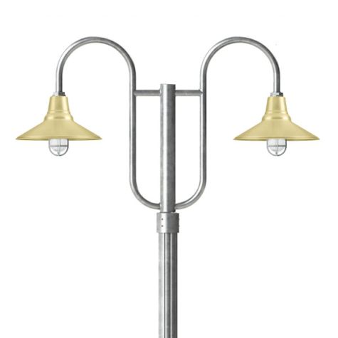 16" Aero LED, 997-Natural Raw Brass, Decorative Double Post Mount, 975-Galvanized, Fluted Direct Burial Pole, 975-Galvanized, CGG-Standard Cast Guard, 975-Galvanized, CCR-Clear Crackle Glass