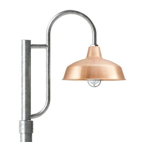 16" Avalon LED, 995-Natural Raw Copper, Single Decorative Post Mount, 975-Galvanized, Smooth Direct Burial Pole, 975-Galvanized, CGG-Standard Cast Guard, CCR-Clear Crackle Glass