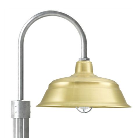 17" Bomber LED, 997-Natural Raw Brass, Single Post Mount, 975-Galvanized, Fluted Direct Burial Pole, CGG-Standard Cast Guard, 975-Galvanized, RIB-Ribbed Glass