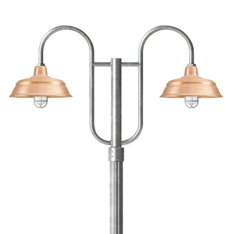 15" Bomber LED, 995-Natural Raw Copper, Double Decorative Post Mount, 975-Galvanized, Fluted Direct Burial Pole, 975-Galvanized, CGG-Standard Cast Guard, 975-Galvanized, RIB-Ribbed Glass