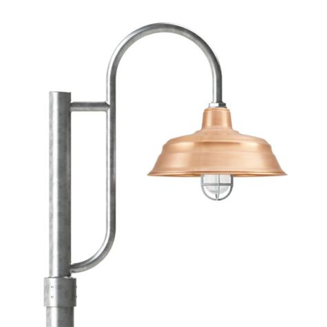 15" Bomber LED, 995-Natural Raw Brass, Single Decorative Post Mount, 975-Galvanized, Smooth Direct Burial Pole, 975-Galvanized, CGG-Standard Cast Guard, 975-Galvanized, CCR-Clear Crackle Glass