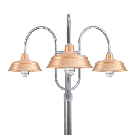 15" Bomber LED, 995-Natural Raw Copper, Triple Post Mount, 975-Galvanized, CGG-Standard Cast Guard, 975-Galvanized, CCR-Clear Crackle Glass
