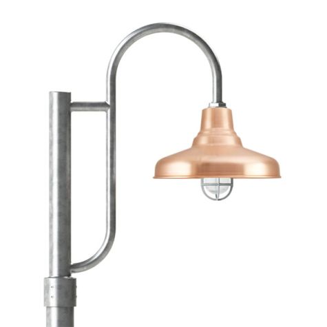 14" Union LED, 995-Natural Raw Copper, Decorative Single Post Mount, 975-Galvanized, Smooth Direct Burial Pole, 975-Galvanized, CGG-Standard Cast Guard, 975-Galvanized, CCR-Clear Crackle Glass