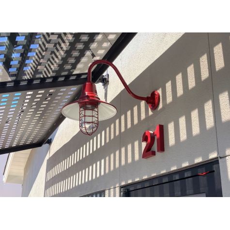12” Aero Nautical LED, 400-Barn Red, WGG-Wire Guard, G11 Gooseneck Arm, Clear Glass | Photo Courtesy of Homeowner