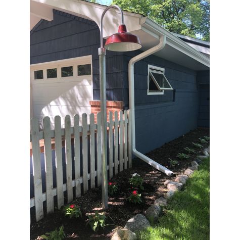 16” Avalon, 400-Barn Red Shade, Single Post Mount in 975-Galvanized | Photo Courtesy of Homeowner