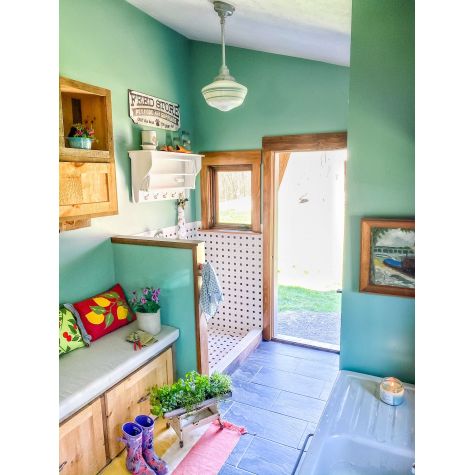 Primary Schoolhouse Stem Mount Light, 975-Galvanized, Large Opaque Glass, 12in Stem, Triple Bands in 311-Jadite | Photo Courtesy of April Hershberger (@barnhomeliving)