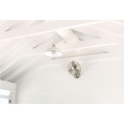 20” Chicago, 250-Porcelain White, WGG-Wire Guard, 975-Galvanized, 980-Brushed Aluminum Mounting Finish, Frosted Glass, 18" Stem, Standard Canopy | Photo Courtesy of Homeowner