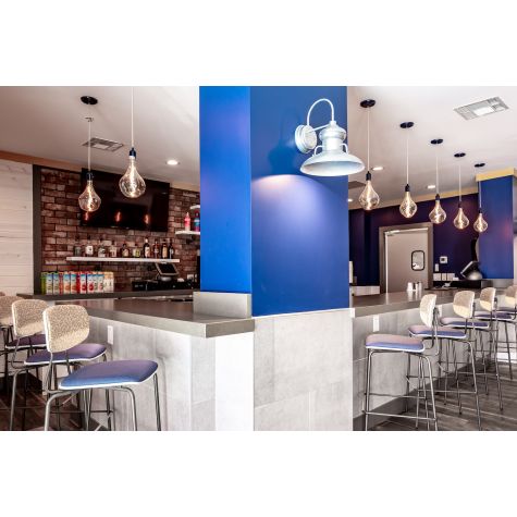 Downtown Minimalist Cord Pendant, 705-Navy, CSGW-Gold & White Cloth Cord, Ceiling Canopy in 705-Navy, Voronoi II LED Tala Lamp Bulbs (Also Pictured: Laramie LED Wall Sconces in 975-Galvanized) | Photo Courtesy of IQ Designs