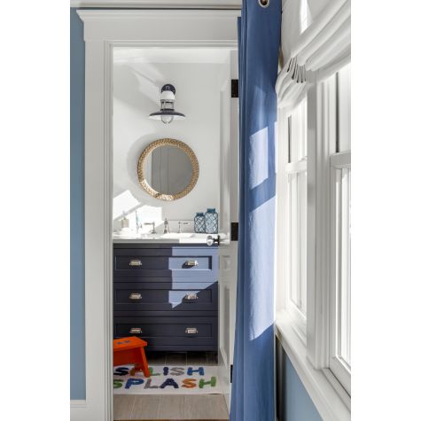 12” Brisbane, 705-Navy Shade with 975-Galvanized Guard Finish,  G3 Gooseneck Arm in 705-Navy, Frosted Glass | Photo Courtesy of Digs Design Company, Greg Premru Photography and Whitla Brothers Builders