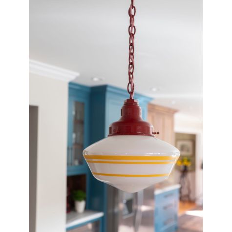 Primary Schoolhouse Chain Hung Pendant, 400-Barn Red Fitter, Large Opaque Glass, CRZ-Red Chevron Cloth Cord, 3ft Chain, Triple Painted Band in 500-Buttery Yellow | Photo Courtesy of Lisa Davenport of LDD Interiors