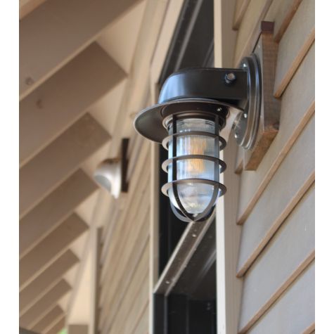 Streamline Industrial Guard Sconce, 600-Bronze, Flared Shade, CGG-Standard Cast Guard, RIB-Ribbed Glass, Dusk-to-Dawn Photocell | Photo Courtesy of Customer