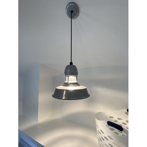 (2) Sydney LED Pendants, (1) 12” & (1) 18”, both in 975-Galvanized Shade, Both With Cap, Both with CSBB-Black & Brown Chevron Cloth Cord, 18” with 400-Barn Red Guard Finish, 12” with 975-Galvanized Guard Finish  | Photo Courtesy of Island Interiors LLC