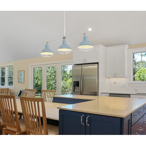 Dino 3-Light, 765-Delphite Blue, 84in Stem Mounting in 980-Brushed Aluminum, Wire Cage | Photo Courtesy of Build with Coastal in Eastham, Massachusetts