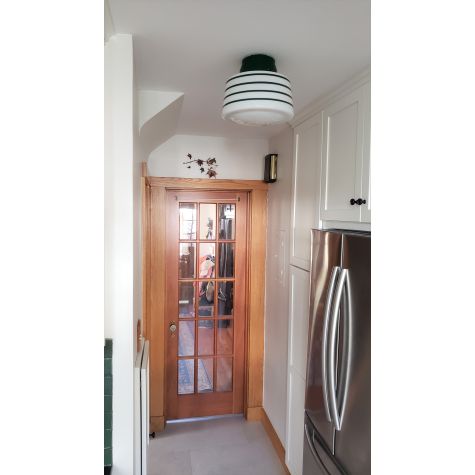 Drum Flush Mount, 307-Emerald Green Fitter, Opaque Glass, Four Painted Band in 307-Emerald Green | Photo Courtesy of Chris Rune