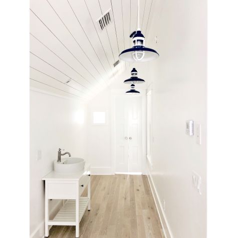 14” Brisbane Pendants, 700-Royal Blue, RIB-Ribbed Glass, SWH-Standard White Cord, 200-White Cap | Photo Courtesy of Bren Niel