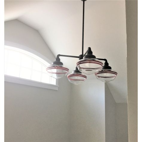 Primary 4-Light Schoolhouse Chandelier, 615-Oil Rubbed Bronze, Large Clear Glass, Double Painted Band, 400-Barn Red | Photo Courtesy of Larry Rubinson