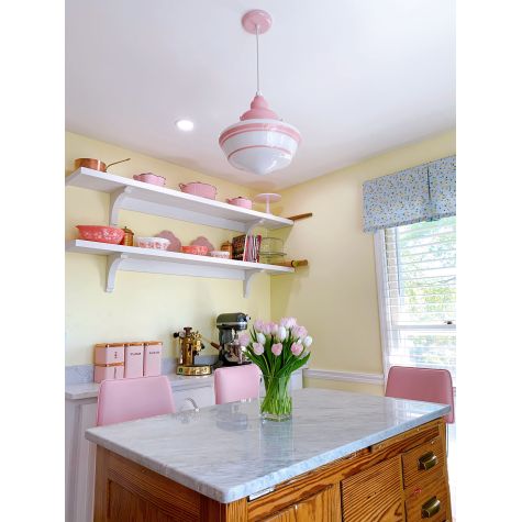 Primary Schoolhouse Pendant Lights, 480-Blush Pink Fitter and Canopy, Large Opaque Glass, Triple Painted Band in 480-Blush Pink, SWH-Standard White Cord | Photo Courtesy of Customer