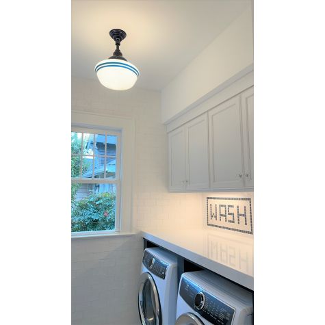 Primary Schoolhouse Stem Mount Light, 705-Navy, Large Opaque Glass, Double Bands in 705-Navy | Photo Courtesy of Homeowner