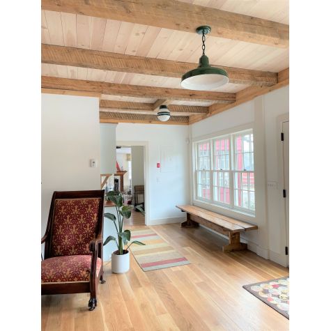 Round Schoolhouse Flush Mount, 300-Dark Green, Opaque Glass, Double Painted Bands in 307-Emerald Green (Also pictured: Union Chain Hung Pendant Light) | Photo Courtesy of Avice Meehan