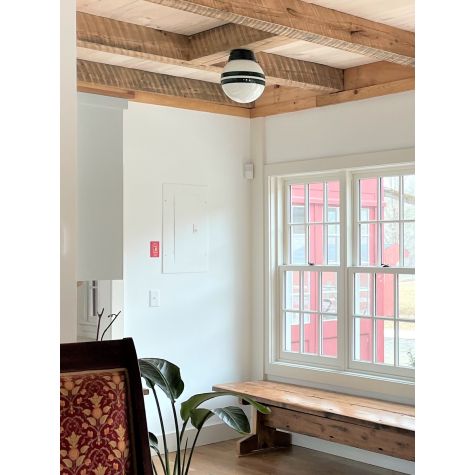 Round Schoolhouse Flush Mount, 300-Dark Green, Opaque Glass, Double Painted Bands in 307-Emerald Green | Photo Courtesy of Avice Meehan
