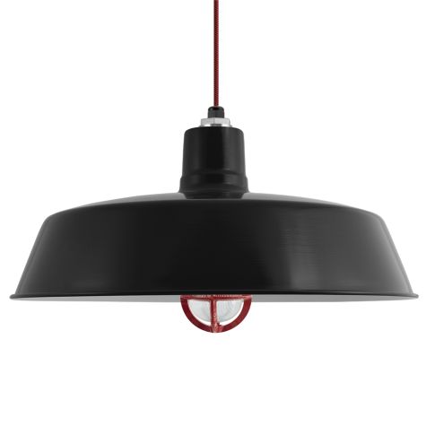 24" The Original™ Nautical LED Pendant, 100-Black, CGG-Standard Cast Guard, 400-Barn Red, RIB-Ribbed Glass, Barn Red & Black Swirl Cloth Cord