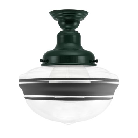 Acorn Semi-Flush, 300-Dark Green, Clear Glass, Three Painted Band, 100-Black, Shown with G40 Bulb