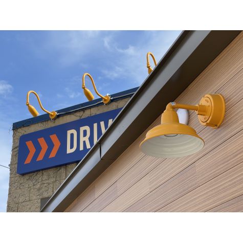 Bullet Gooseneck LED Sign Light, 570-Sunflower, G22 Gooseneck Arm, LED12- Up to 1200 Lumens, 3000K - Neutral White, No Optics - 90 Degree Flood, Frosted Glass (Also pictured: Bomber LED Gooseneck Light) | Photo Courtesy of Water Street Coffee Joint