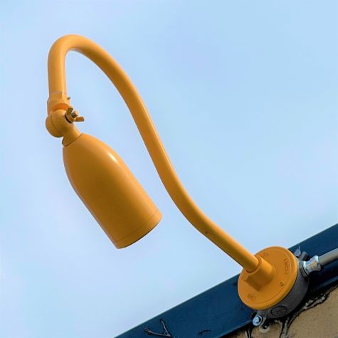 Bullet Gooseneck LED Sign Light, 570-Sunflower, G22 Gooseneck Arm, LED12- Up to 1200 Lumens, 3000K - Neutral White, No Optics - 90 Degree Flood, Frosted Glass | Photo Courtesy of Water Street Coffee Joint