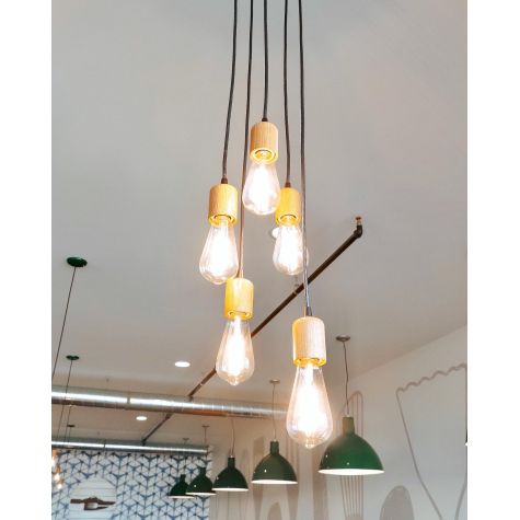 Downtown Minimalist Wooden Socket 5-Light Pendant, Oak Wood, SBK-Standard Black Cord, Emerald Green Canopy | Photo Courtesy of Lauren Griffith Interiors