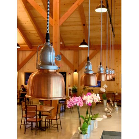 Fargo Pendant, 995-Natural Raw Copper, Cup in 975-Galvanized, Arms with Paddle Switch, CSBW-Black & White Cloth Cord | Photo Courtesy of Tilted Barn Brewery & Apex Lighting