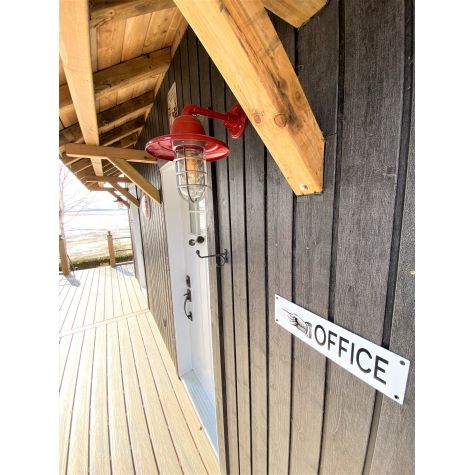 Industrial Guard Sconce, 400-Barn Red, Warehouse Shade, CGG-Standard Cast Guard, 975-Galvanized, CLR-Clear Glass (Shown With Our Porcelain Enamel "Office" Sign