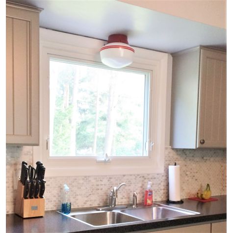 Primary Schoolhouse Flush Mount Light, 400-Barn Red Fitter, Small Opaque Glass, Double Painted Band, 400-Barn Red | Photo Courtesy of Homeowner
