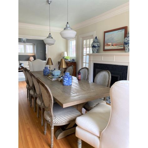 Primary Schoolhouse Pendant Lights, 975-Galvanized, Large Opaque Glass, Black Cotton Twist Cords | Photo Courtesy of Hill House Design