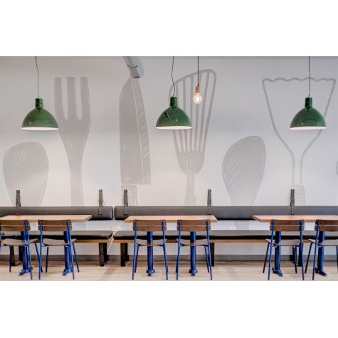 20” Wilcox Studio Light, 350-Vintage Green, SBK-Standard Black Cord (Also pictured: Downtown Minimalist Wooden Socket Pendant) | Photo Courtesy of Lauren Griffith Interiors