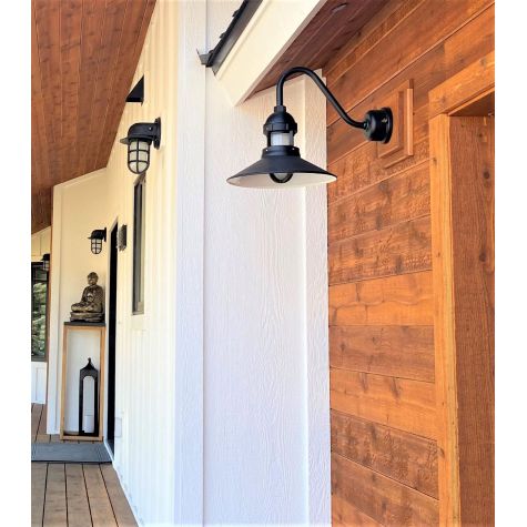 14" Wallaby LED, 105-Textured Black, FST-Frosted Glass. G26 Gooseneck Arm, Dusk to Dawn Photocell (Also shown: Streamline LED Industrial Guard Sconce) | Photo Courtesy of Customer