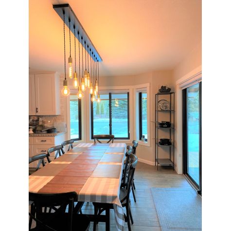 (2) Downtown Minimalist 6-Light Pendant Chandelier, 105-Textured Black, Cup in 998-Natural Weathered Brass, TBK-Black Cotton Twist Cord | Photo Courtesy of Customer