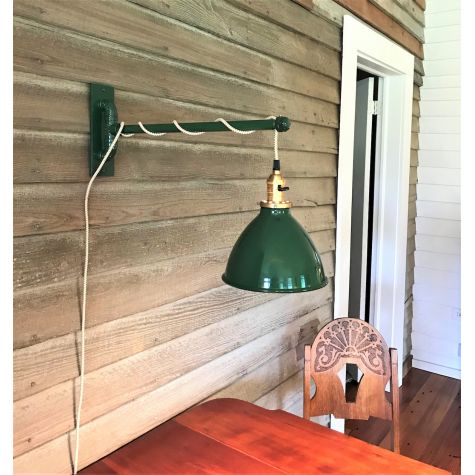 8" Gladstone Swing Arm Sconce, 310-Vintage Green PTMP, Brass Paddle with Black Paddle Switch, CSGW-Gold & White Cloth Cord | Photo Courtesy of Homeowner