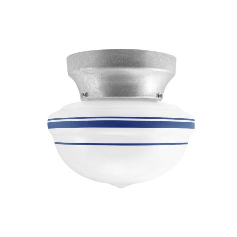 Kao Acorn Schoolhouse Flush Mount, 975-Galvanized, Opaque Glass, Three Painted Band, 700-Royal Blue