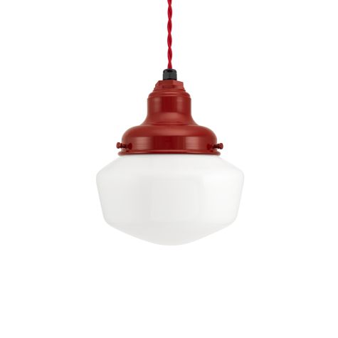 Kao Primary Schoolhouse Pendant Light, 400-Barn Red, Small Opaque Glass, TRW-Red Cotton Twist Cord