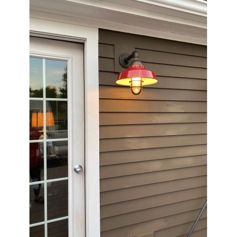 12" Rochester, 400-Barn Red, CLR-Clear Glass, G4 Straight Arm in 615-Oil Rubbed Bronze, CGG-Standard Cast Guard in Oil Rubbed Bronze | Photo Courtesy of Homeowner