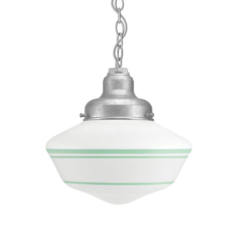 Primary Schoolhouse Chain Hung Pendant, 975-Galvanized, Large Opaque Glass, Triple Painted Band, 311-Jadite, CMG-Grey Cloth Cord