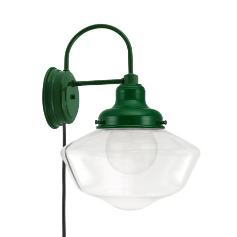 Primary Schoolhouse Sconce, 307-Emerald Green, Large Clear Glass, Plug-in Option, CSB-Black Cloth Cord