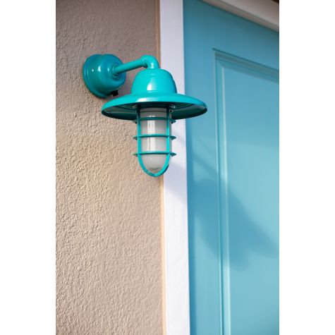 Industrial Guard LED Sconce, 390-Teal, Warehouse Shade, Frosted Glass | Photo Courtesy of Homeowner
